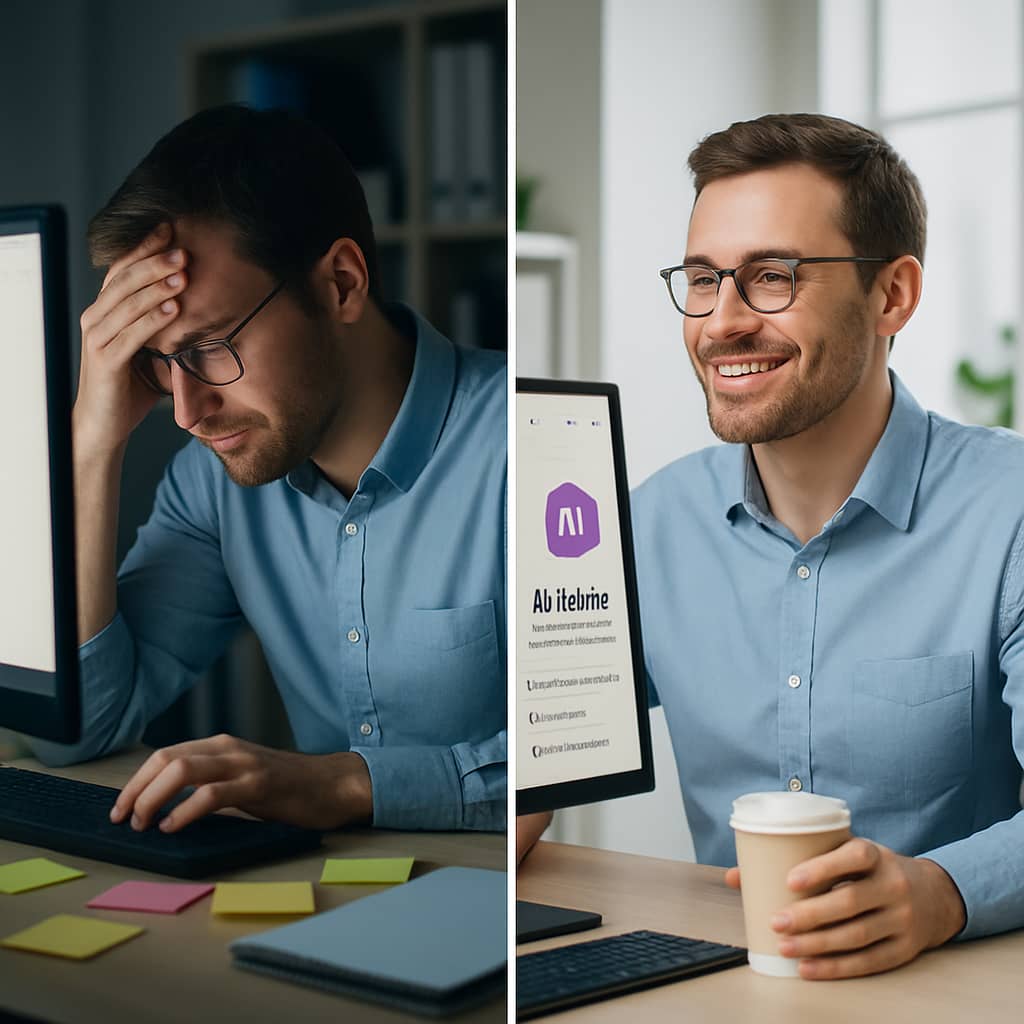 Split screen comparison showing left side: person working late at computer with multiple browser tabs, sticky notes, stressed expression, cluttered desk. Right side: same person relaxed, single screen showing AI Builder interface, clean workspace, coffee cup, satisfied smile. Modern office setting, professional lighting