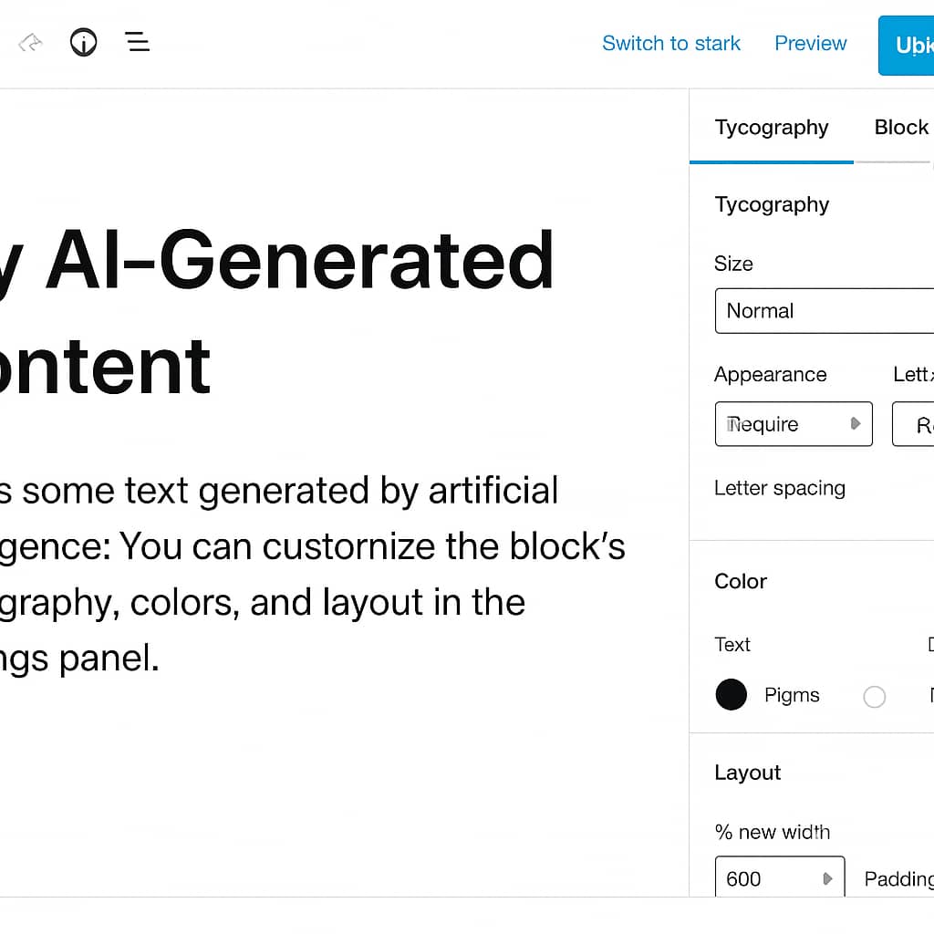 Clean screenshot of WordPress Gutenberg editor interface showing customization panels, typography controls, color pickers, and layout options for AI-generated content