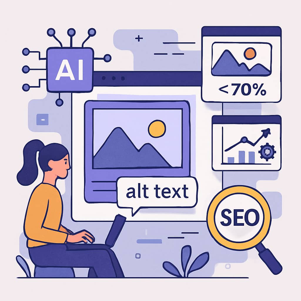 Modern illustration showing AI analyzing website images, with visual elements representing automated alt text generation, image compression, and SEO optimization tools