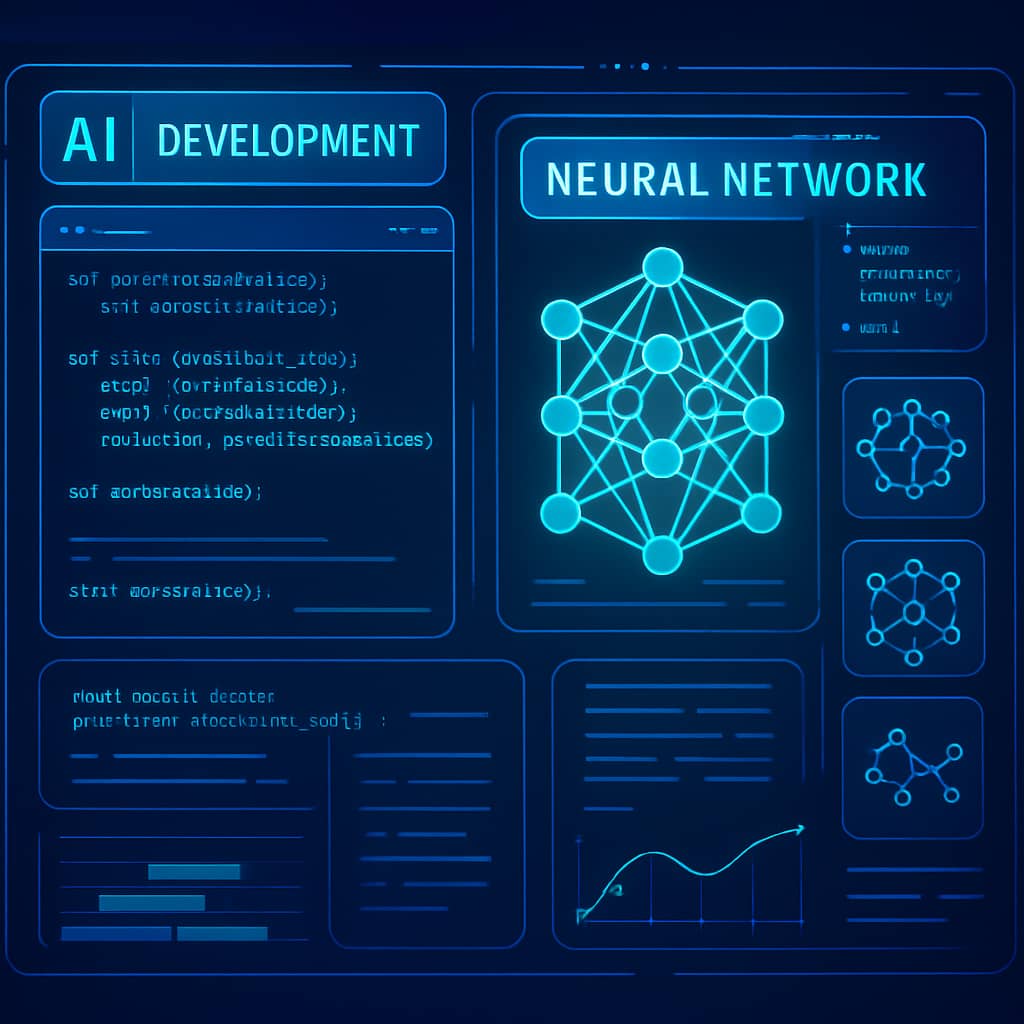 Modern AI development tools, code automation, futuristic programming interface with neural networks