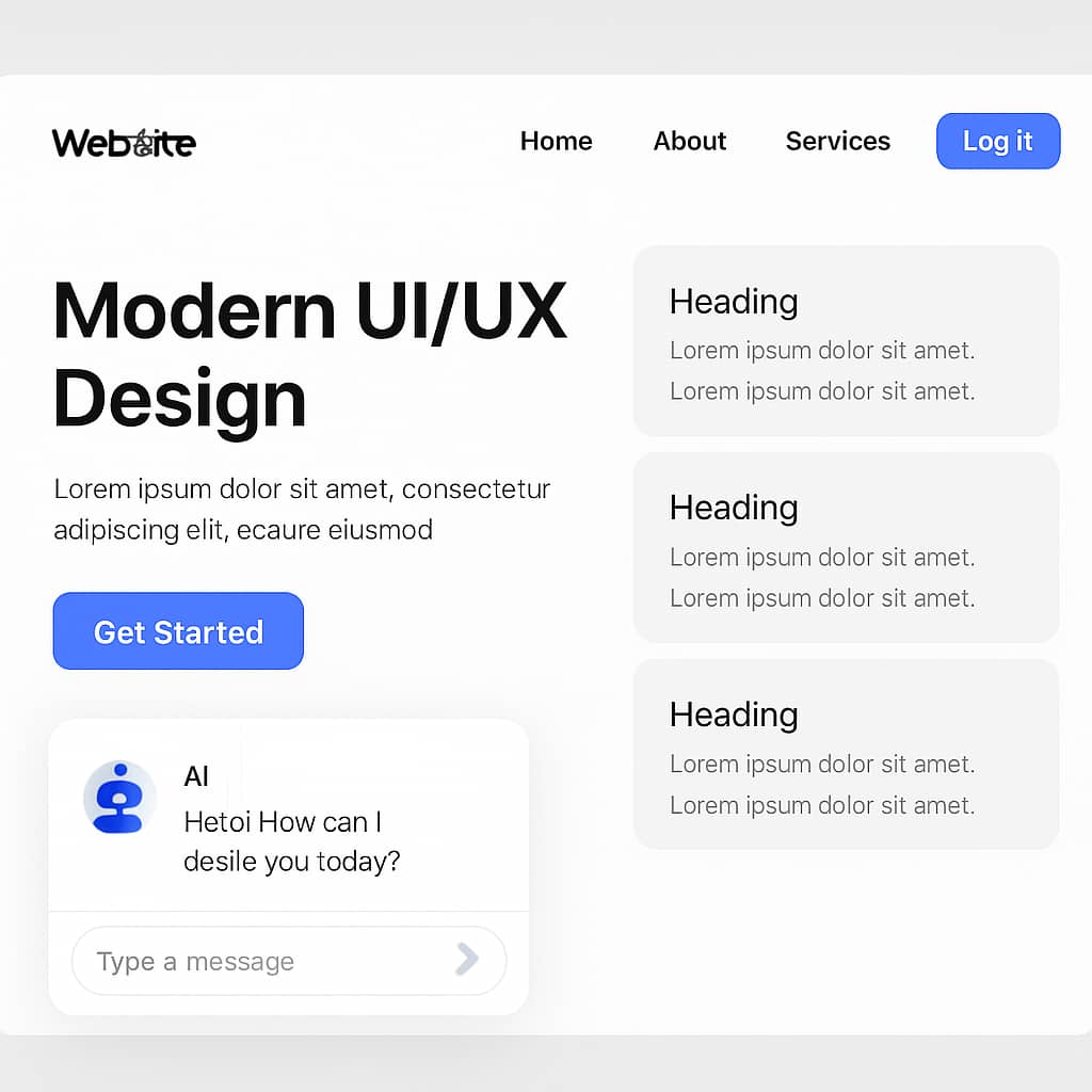 Website interface, moderne, UI/UX with a chat in the bottom left with an ai