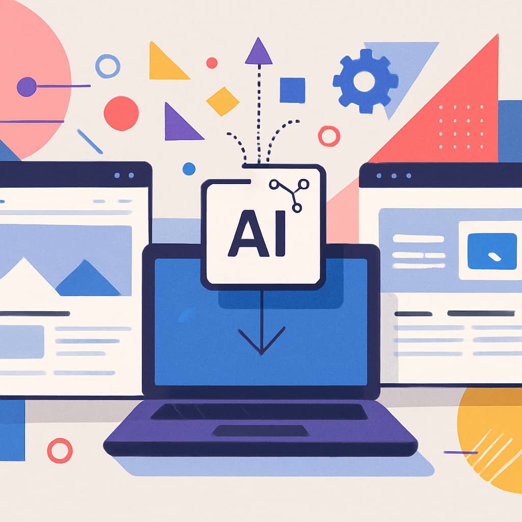 an AI system automatically building modern website layouts on digital screens, with abstract geometric shapes symbolizing creativity and automation.