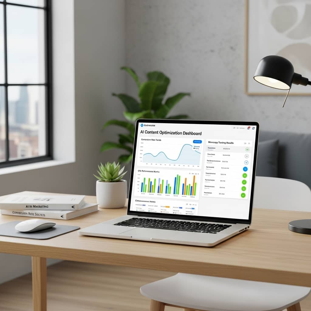 Modern professional workspace with laptop displaying AI content optimization dashboard, showing conversion rate graphs, CTA performance metrics, and microcopy testing results, clean minimalist design, bright natural lighting, technology and marketing theme