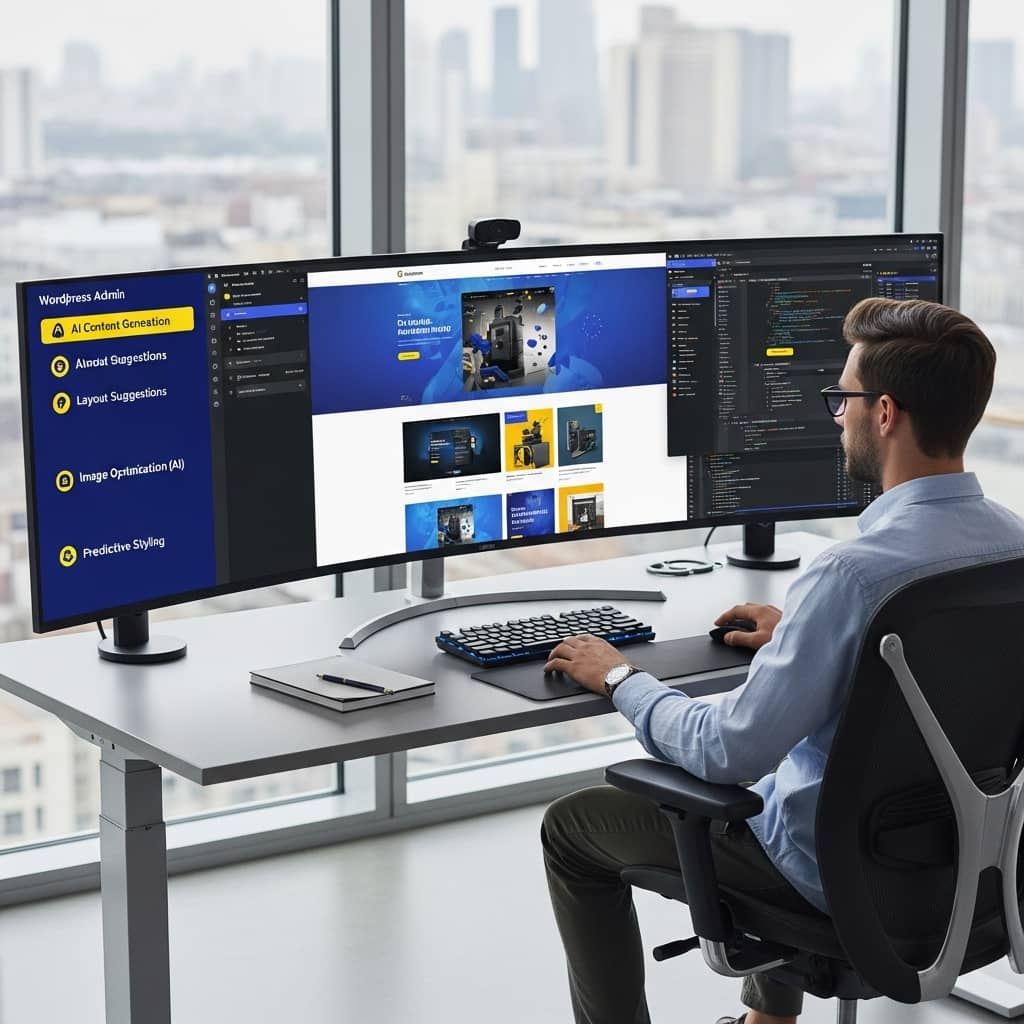 A modern, professional workspace showing a designer working with AI-powered WordPress tools on multiple monitors, with clean interface designs, vibrant colors featuring blue and yellow accents, futuristic but realistic style