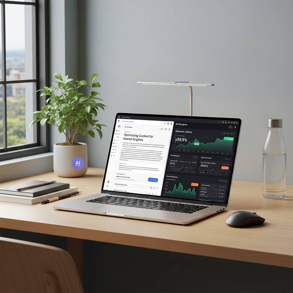 Modern professional workspace with laptop displaying AI writing interface and SEO analytics dashboard, clean minimal design, natural lighting, productivity theme