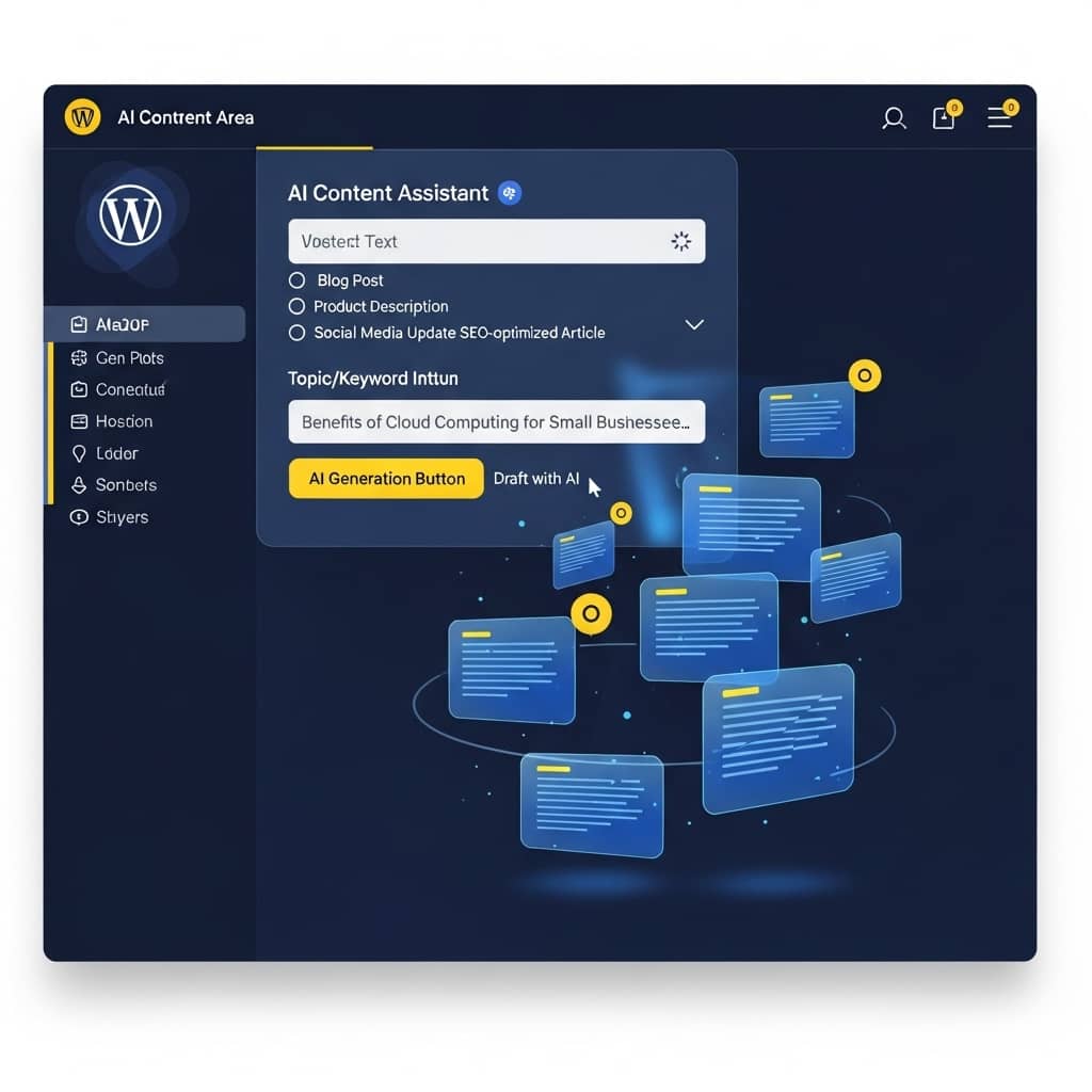 Modern WordPress dashboard interface showing AI content generation in action, with floating holographic elements representing text, images, and SEO metrics, professional blue and yellow color scheme, clean UI design