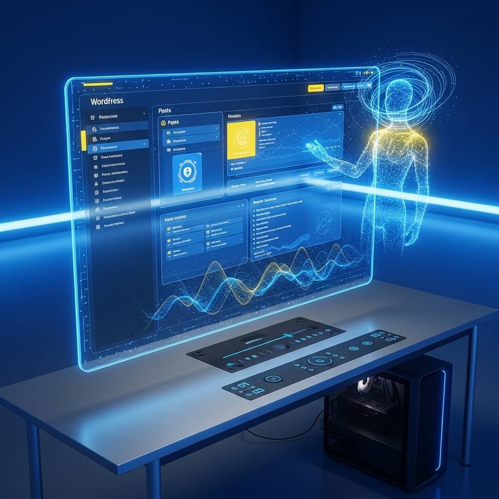 Modern futuristic workspace with holographic AI interface overlaying WordPress dashboard, blue and yellow accent colors, professional tech aesthetic, clean minimal design
