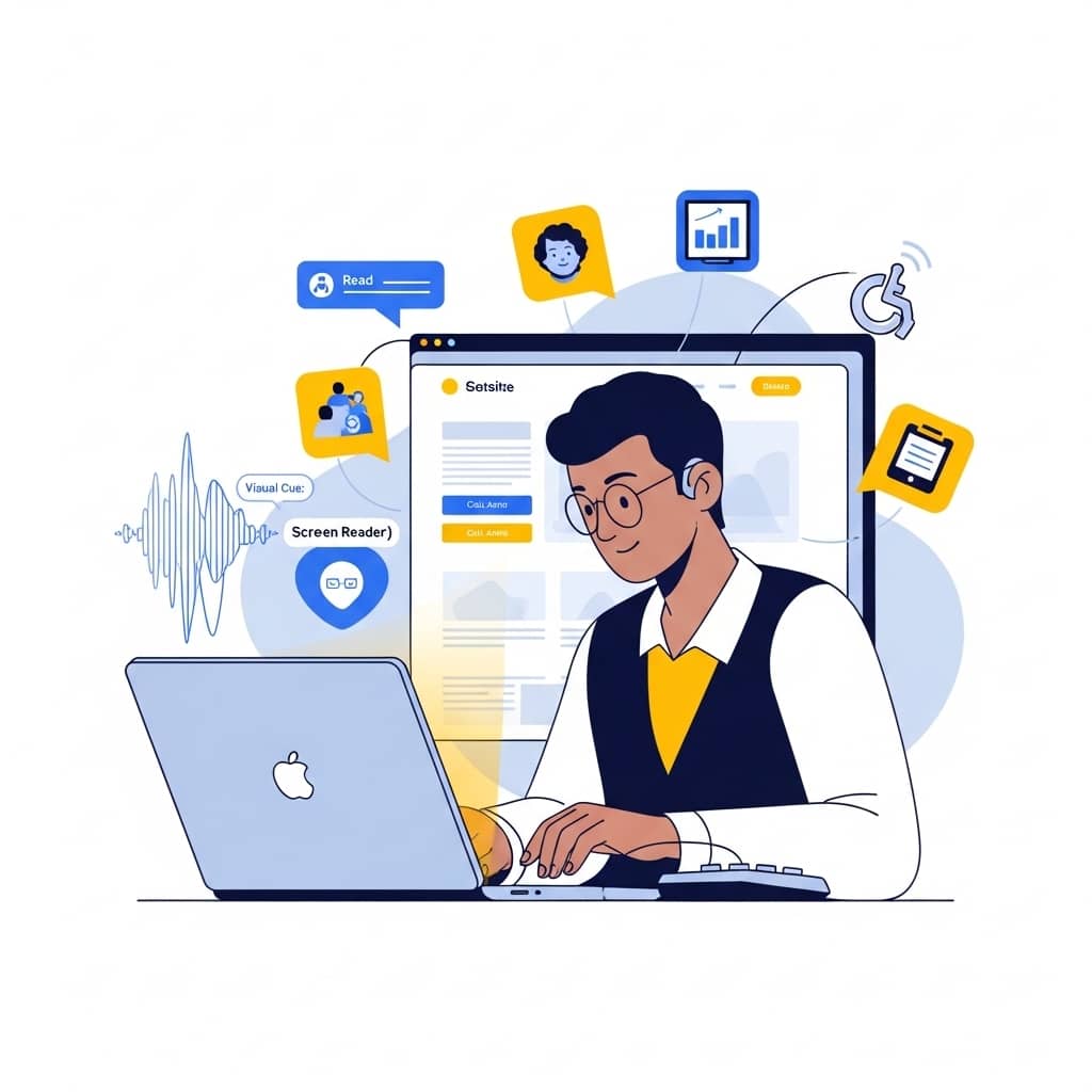 Modern illustration showing a diverse person using assistive technology (screen reader, keyboard navigation) to access a website, with AI elements like floating icons representing real-time adjustments, alt text generation, and accessibility widgets, clean professional style, blue and yellow accent colors