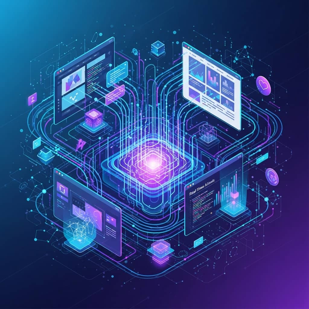 Create a modern, professional illustration showing the future of AI in web development. Include abstract representations of flowing code, browser windows, and digital interfaces. Use a color palette of blues (#2d44f0) and purples with glowing accents. Style should be clean, tech-forward, and inspiring.