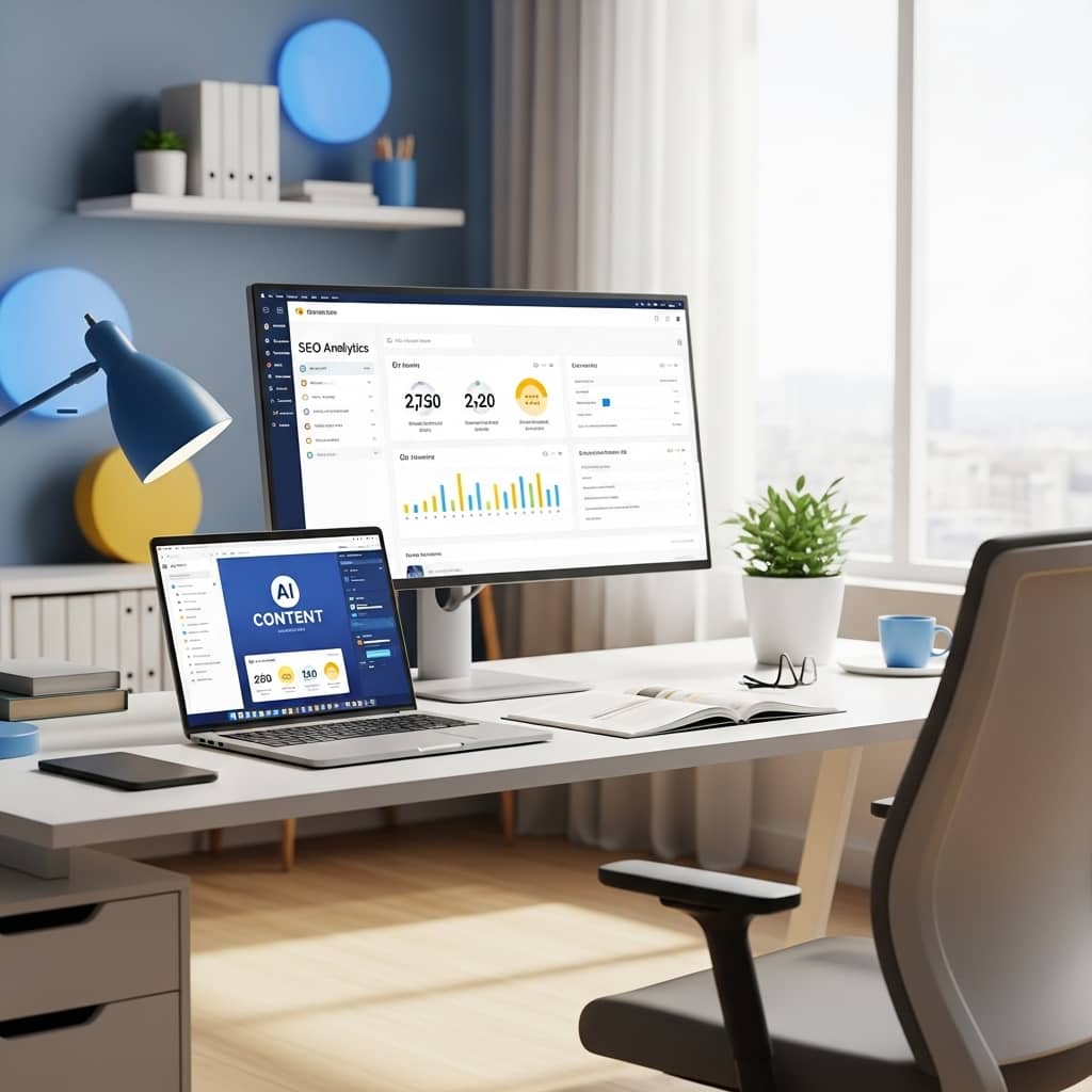 Modern professional workspace with laptop displaying AI content creation interface, SEO analytics dashboard showing quality metrics, E-E-A-T indicators, clean minimalist design, soft natural lighting, blue and yellow accent colors