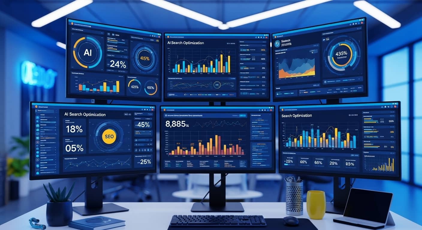 Professional digital workspace with multiple monitors displaying AI search optimization analytics, SEO metrics, colorful graphs, and futuristic interface elements, modern office setting, high-tech atmosphere, blue and yellow accent colors