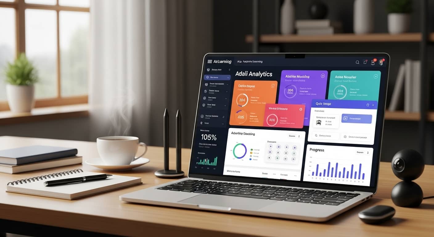 Professional photograph of a modern online learning setup, laptop displaying an adaptive learning dashboard with AI analytics, colorful course modules, quiz interface, and progress charts, bright natural lighting, clean desk with notebook and coffee, educational technology concept, high quality, 4k