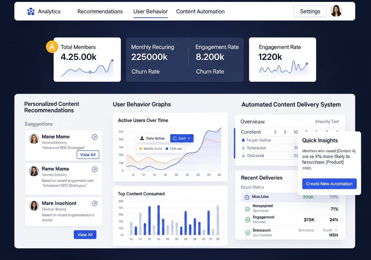 Modern dashboard interface showing AI-powered membership site analytics with personalized content recommendations, user behavior graphs, and automated content delivery system, professional blue and yellow color scheme, clean UI design