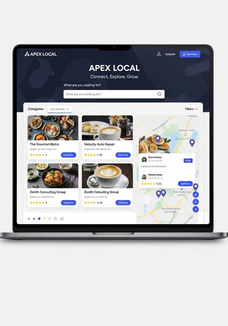 Professional business directory website interface on a laptop screen, showing categorized local business listings with search filters, ratings, and map integration, modern UI design, clean and organized layout