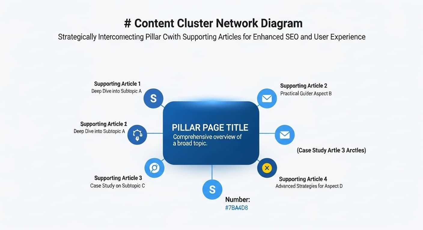 Professional infographic showing a content cluster network diagram with a central pillar page connected to multiple supporting article nodes, using blue and yellow accent colors, modern flat design style, clean and minimalist