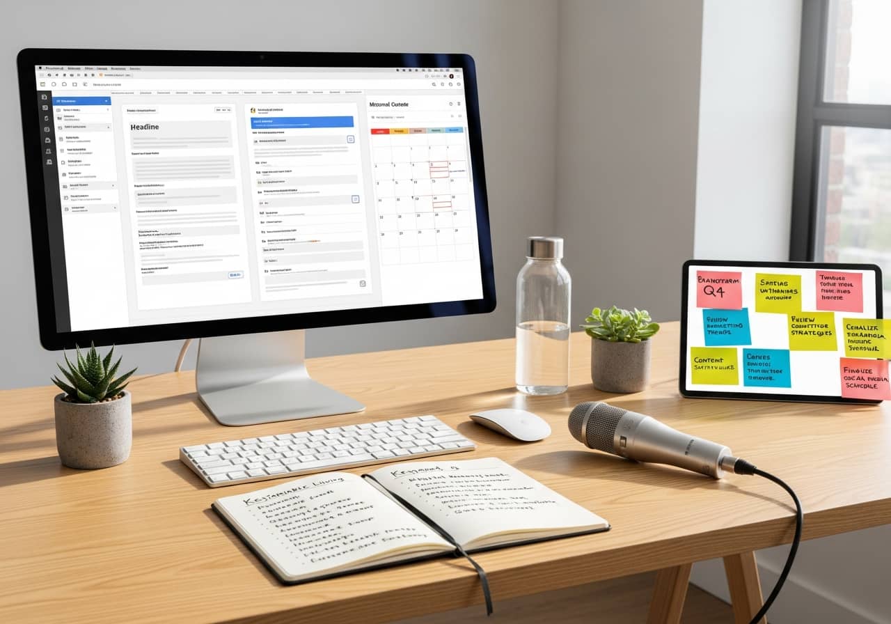 Modern content planning workspace with digital document templates, sticky notes, keyword lists, and editorial calendar on a clean desk, professional photography style, bright natural lighting