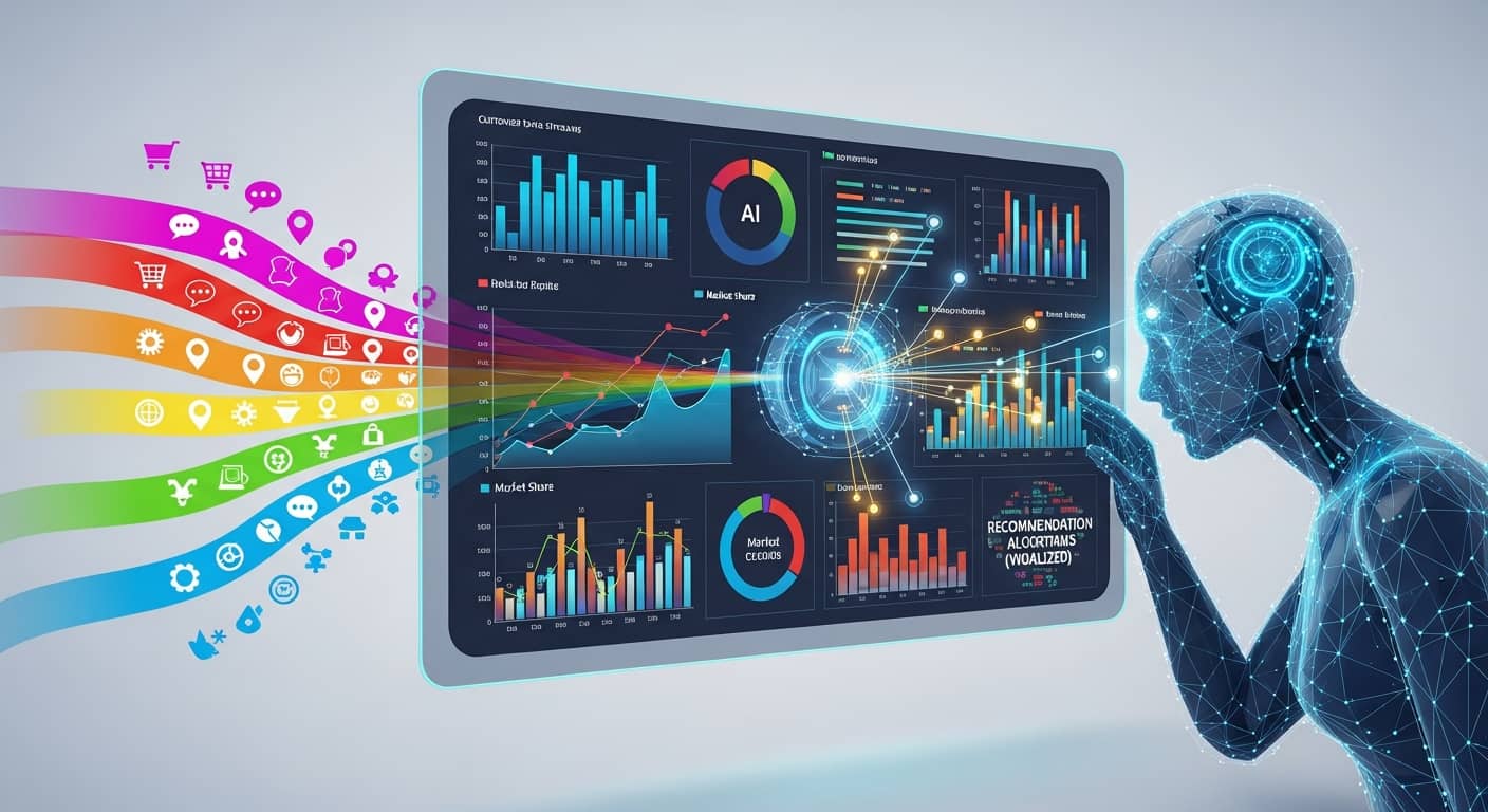 Modern illustration of AI analyzing customer data with colorful graphs, recommendation algorithms, and personalized content streams on digital screens, professional marketing technology concept