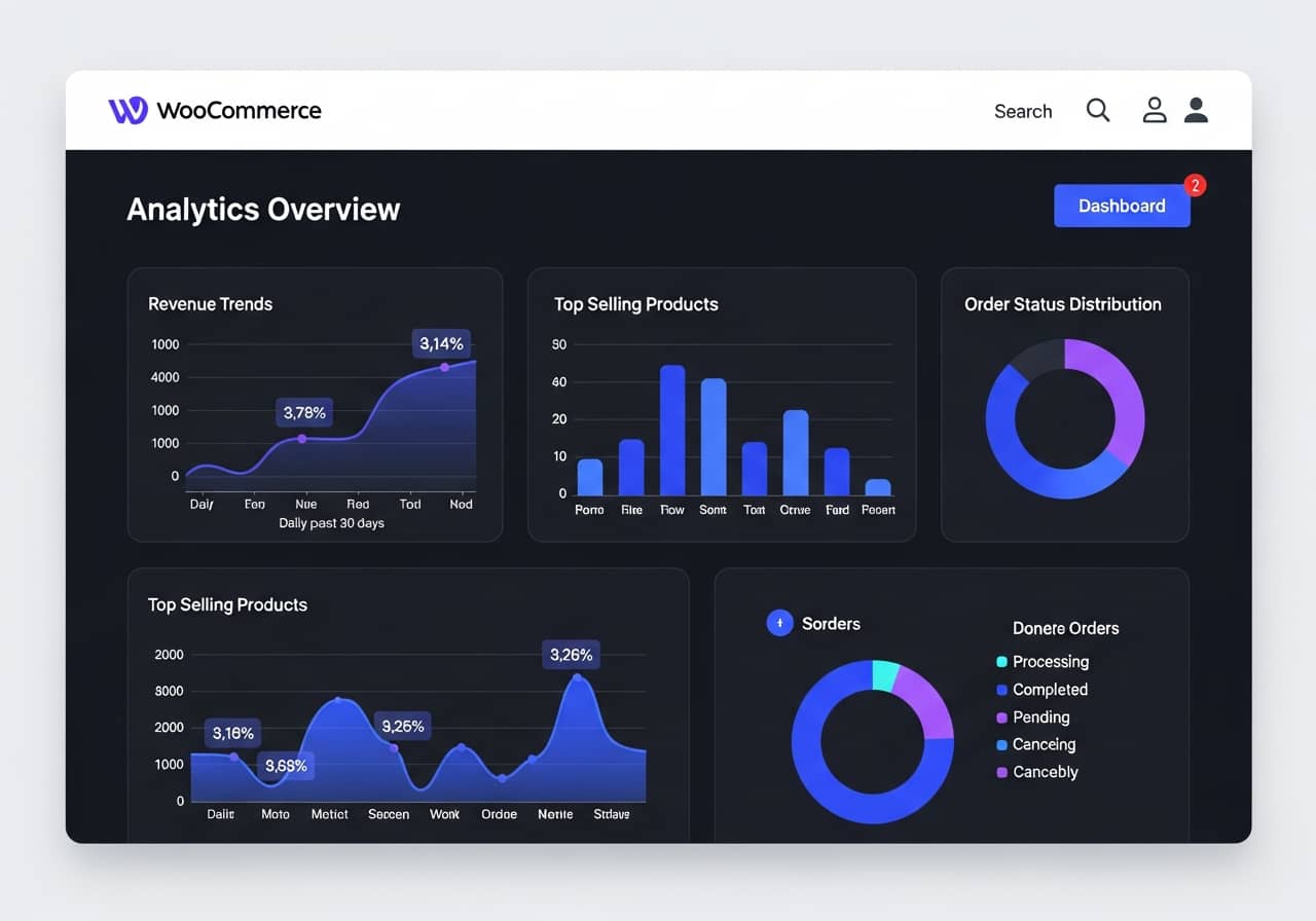 Modern WooCommerce dashboard interface with product listings, analytics graphs, and shopping cart icon, professional blue and purple color scheme