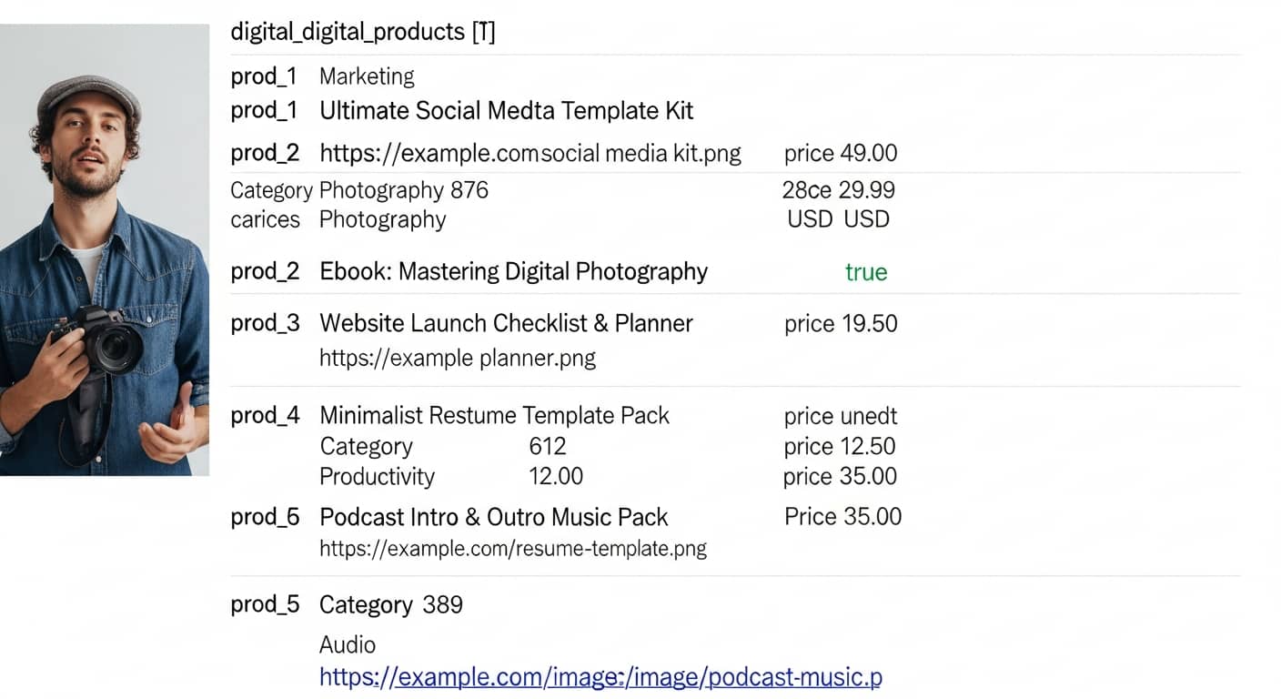 Clean Easy Digital Downloads dashboard with digital product cards, download statistics, and payment integration icons, modern yellow and blue accents
