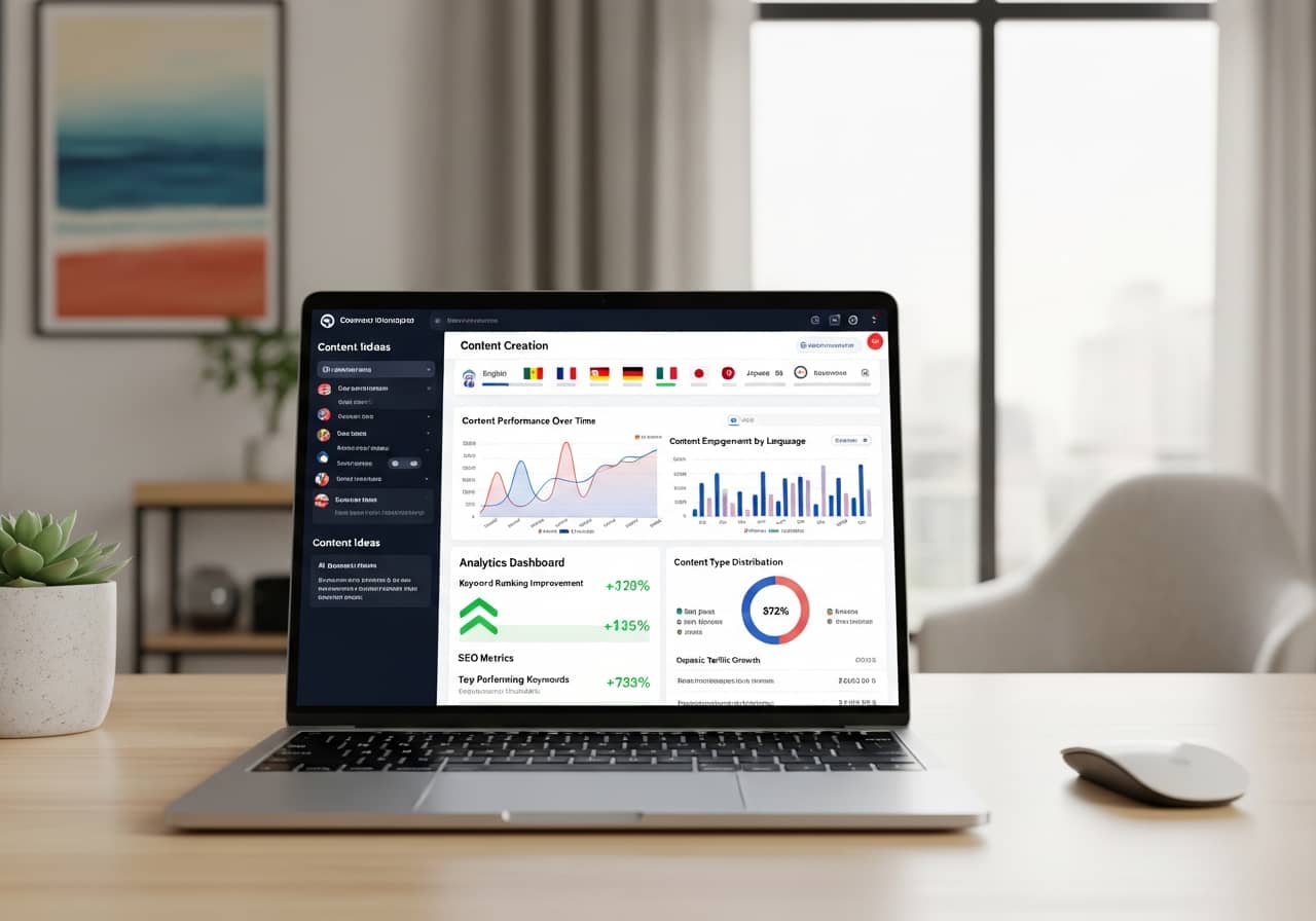 Professional workspace with laptop displaying AI content creation interface, showing multiple language flags, content analytics graphs, and SEO metrics on screen, modern office setting, bright natural lighting, clean minimalist aesthetic