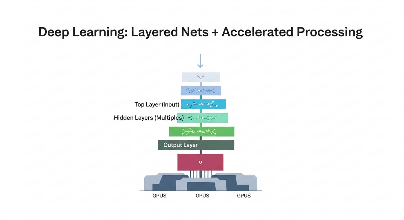 Editorial diagram of layered neural nets + GPUs, minimalist infographic