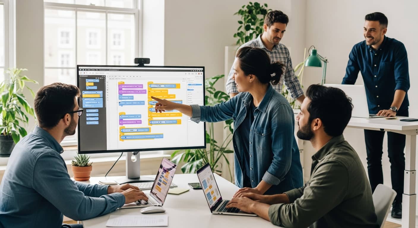Professional agency workspace with diverse team members collaborating around a large monitor displaying WordPress Gutenberg block editor, modern office setting, natural lighting, clean minimalist aesthetic
